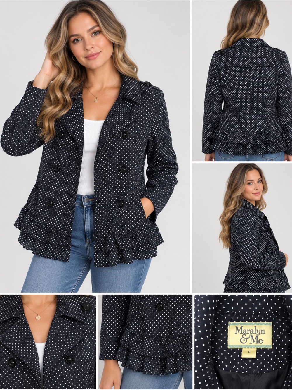 Maralyn & Me Polka Dot Double Breasted Ruffle Jacket Size Large